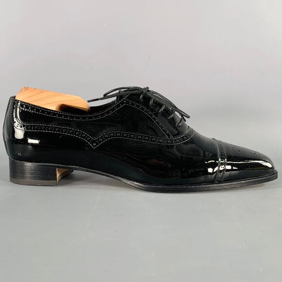 MANOLO BLAHNIK Size 10.5 Black Perforated Patent Leather Cap Toe Shoes - Picture 2 of 8